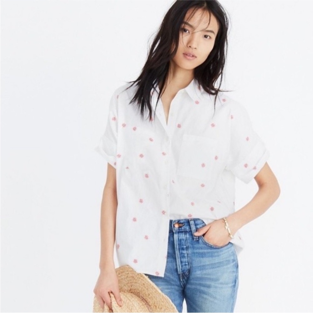 Madewell White Short-Sleeve Button-Down Shirt with Pink Embroidery